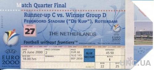 билет ЧЕ Евро-2000 Голландия-Югославия /Euro Netherlands-Yugoslavia match ticket