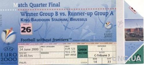 билет ЧЕ Евро-2000 Италия-Румыния / Euro 2000 Italy-Romania match stadium ticket