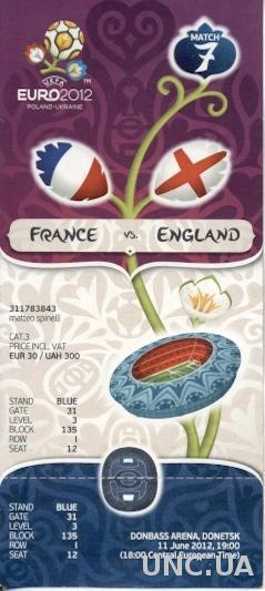 билет ЧЕ Евро-2012 Франция-Англия /Euro 2012 France-England match stadium ticket