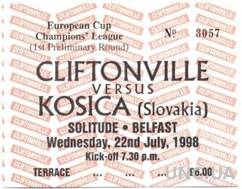 билет Cliftonville, N.Ireland/Сев.Ирл.- Kosice,Slovakia/Словак.1998 match ticket