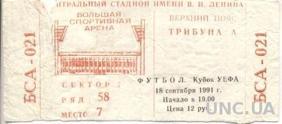 билет ЦСКА/CSKA Moscow, Russia/Россия - AS Roma, Italy/Италия 1991 match ticket
