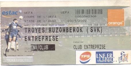 билет ES Troyes AC, France/Франц.- Ruzomberok, Slovakia/Slovak.1996 match ticket