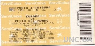билет Европа - сборная Мира 1997 / Europe XI - World XI match stadium ticket