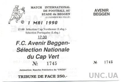 билет FC Avenir,Luxembourg/Люксембург - Кабо-Верде/Cap Verde 1990 match ticket