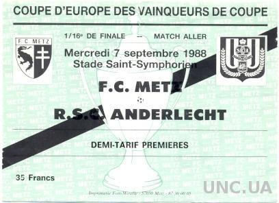 билет FC Metz, France/Франция- RSC Anderlecht, Belgium/Бельгия 1988 match ticket