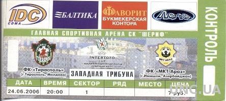 билет FC Tiraspol, Moldova/Молдова-MKT Araz,Azerbaijan/Азерб. 2006 match ticket