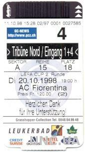 билет Grasshopper,Switzerland/Швей .- AC Fiorentina,Italy/Итал.1998a match ticket