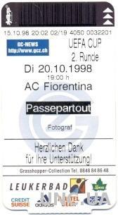 билет Grasshopper,Switzerland/Швей .- AC Fiorentina,Italy/Итал.1998b match ticket