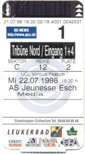 билет Grasshopper, Switzerland/Швей.-Jeunesse, Luxembourg/Люкс.1998 match ticket