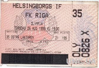 билет Helsingborgs IF,Sweden/Швец.-ФК Рига/FK Riga,Latvia/Латв.1999 match ticket