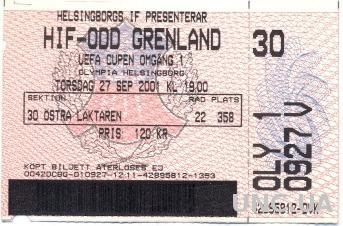 билет Helsingborgs IF,Sweden/Швеция-Odd Grenland,Norway/Норвег.2001 match ticket