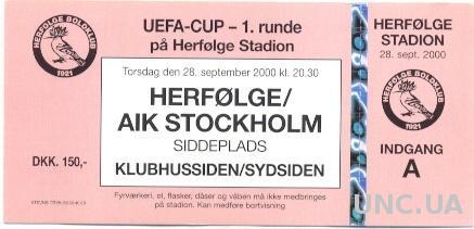 билет Herfolge BK, Denmark/Дания- AIK Stockholm, Sweden/Швеция 2000 match ticket