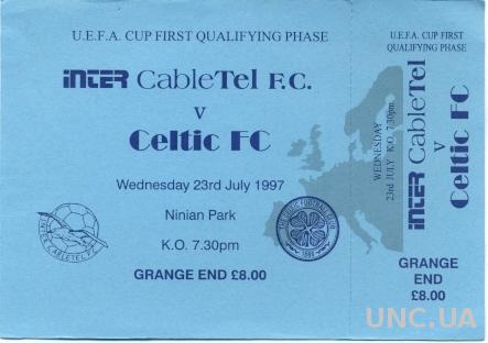 билет Inter Cardiff, Wales/Уэльс-Celtic FC, Scotland/Шотландия 1997 match ticket