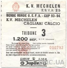билет KV Mechelen, Belgium/Бельгия-Cagliari Calcio, Italy/Итал.1993 match ticket