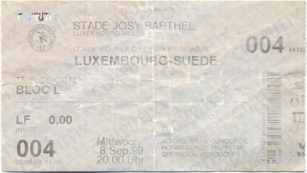 билет Люксембург-Швеция 1999 отб.ЧЕ-2000 /Luxembourg-Sweden match stadium ticket