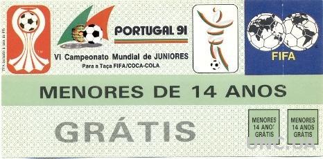 билет Португалия-Ирландия ЧМ-1991 молодеж./Portugal-Ireland World cup U20 ticket