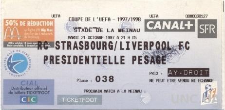 билет RC Strasbourg,France/Франц.- Liverpool FC,England/Англия 1996 match ticket