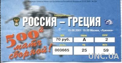билет Россия - Греция 2001 МТМ / Russia - Greece friendly match stadium ticket