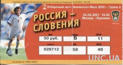 билет Россия-Словения 2001 отбор ЧМ-2002 / Russia- Slovenia match stadium ticket