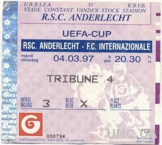 билет RSC Anderlecht, Belgium/Бельгия - FC Inter, Italy/Италия 1997 match ticket