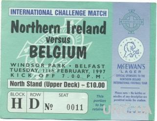 билет Сев.Ирландия-Бельгия 1997 МТМ /North.Ireland-Belgium friendly match ticket