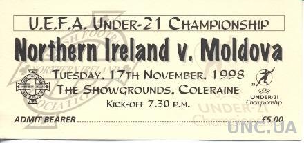 билет Сев.Ирландия-Молдова 1998 молодежные / N.Ireland-Moldova U21 match ticket
