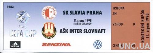 билет Slavia Praha,Czech/Чехия-Inter Bratislava,Slovak/Словак. 1998 match ticket