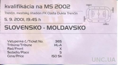 билет Словакия-Молдова 2001 отбор ЧМ-2002 /Slovakia-Moldova match stadium ticket