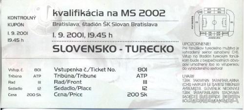 билет Словакия-Турция 2001 отбор ЧМ-2002 / Slovakia-Turkey match stadium ticket