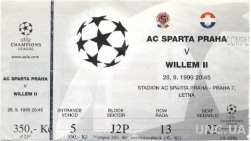 билет Sparta Praha,Czech/Чехия-Willem II,Netherlands/Голландия 1999 match ticket