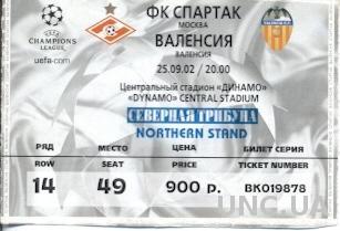 билет Спартак/Spartak, Russia/Россия-CF Valencia,Spain/Испания 2002 match ticket
