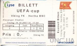 билет Viking Stavanger, Norway/Норвег.-Hertha BSC,Germany/Герм.2001 match ticket