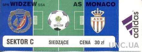 билет Widzew Lodz, Poland/Польша - AS Monaco, France/Франция 1999 match ticket