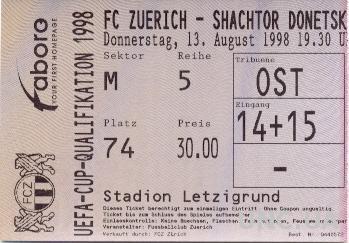 билет Zurich FC,Switzerland/Швейц- Шахтер/Shakhtar,Ukraine/Укр 1998 match ticket