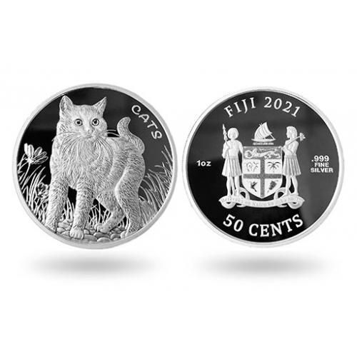 Монета Серебро Унция Кот Фиджи UNC в капсуле.