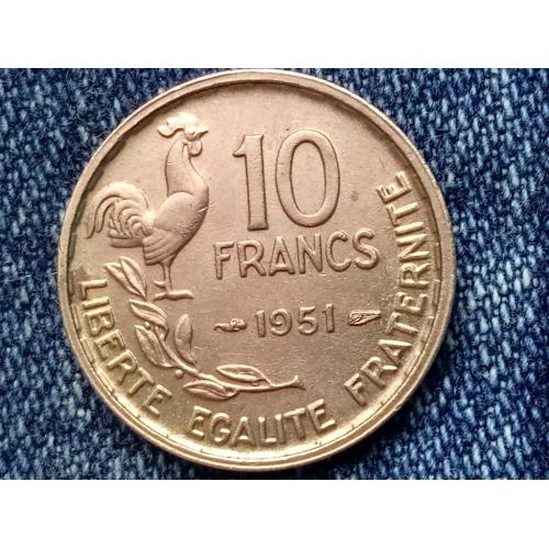 Франция, 10 франков (1951 г.) Фауна. Птицы. Петух.