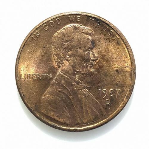 ​#454 США 1 цент 1987 Лінкольн Цент (Мітка монетного двору: "D" — Денвер)