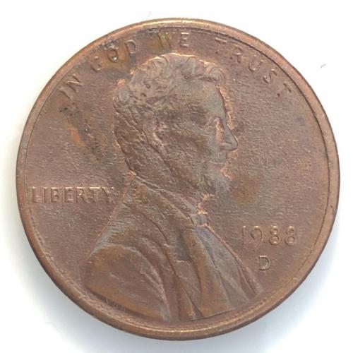 #674 США 1 цент 1988 Лінкольн Цент (Мітка монетного двору: "D" - Денвер)