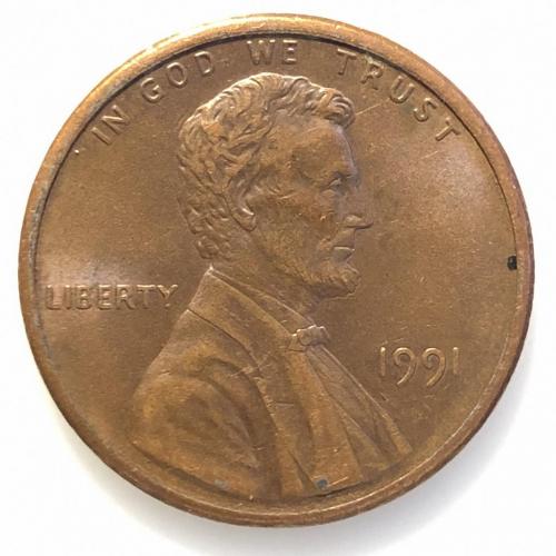 #678 США 1 цент 1991 Лінкольн Цент (Без мітки монетного двору)