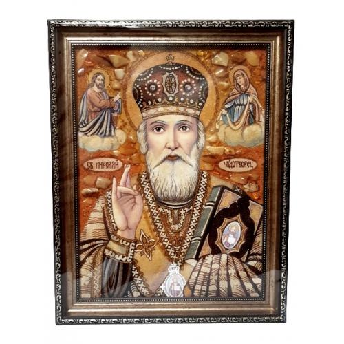 Икона из янтаря Святой Николай Чудотворец 36х47 см