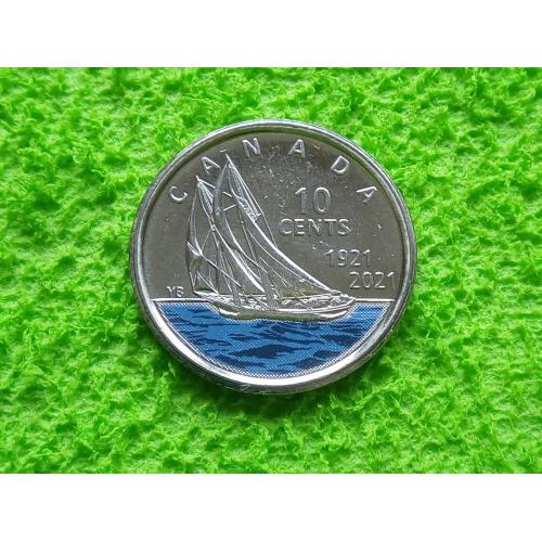 2021 Канада 10 центов 100 лет шхуне "Bluenose" цветная. UNC