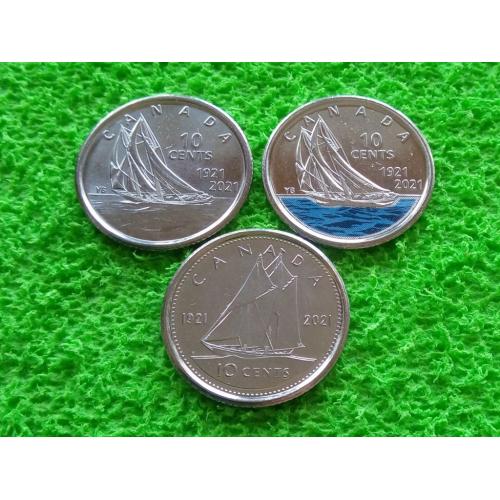 2021 Канада 10 центов 100 лет шхуне "Bluenose" набор из 3-х монет UNC