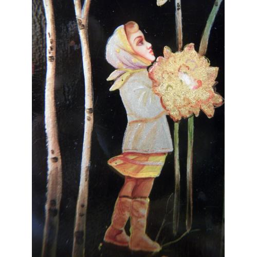15S16 Шкатулка, девочка с осенними листьями, золотая осень, Федоскино, папье маше, СССР