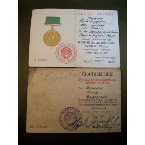 1Н30 Удостоверение выставка, ВСХВ малая медаль1957 и участник ВСХВ 1956. На женщину