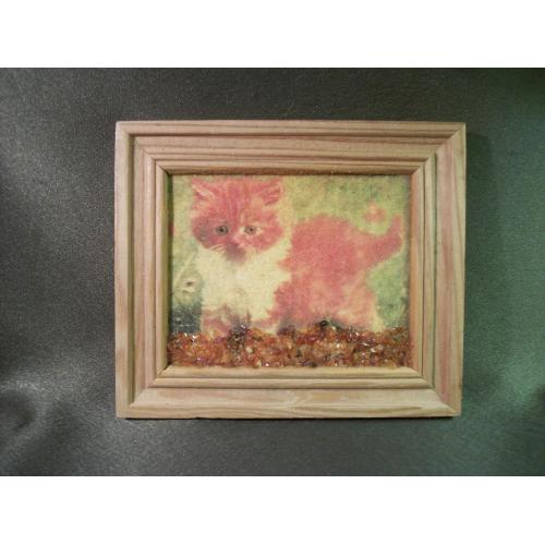 3А12 Картина, кот, котик, инкрустирована янтарем 