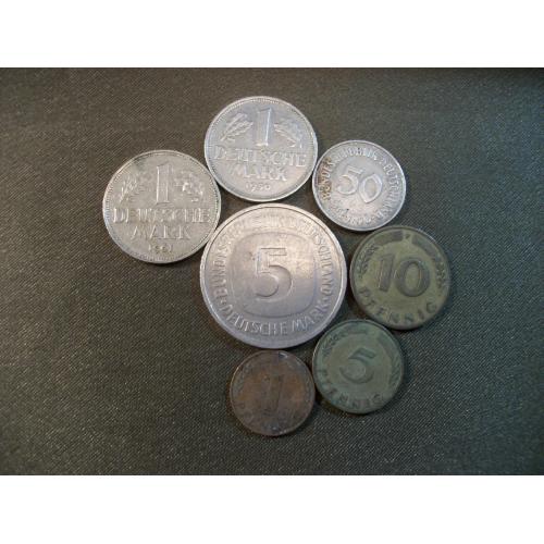 3М65 ФРГ, 5 марок 1975, 1 марка 1961, 1950 год, 50 и 10 пфенингов 1950 год