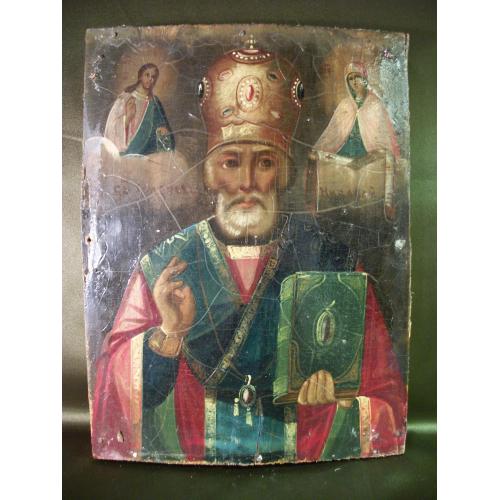 4М167 Икона Святой Николай Чудотворец (Угодник). Масло, дерево. До 1917 года. 17*23*2 см