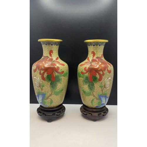 6lt103 Ваза, парные вазы на деревянных подставках, перегородчатая эмаль, клуазоне, винтаж, Китай
