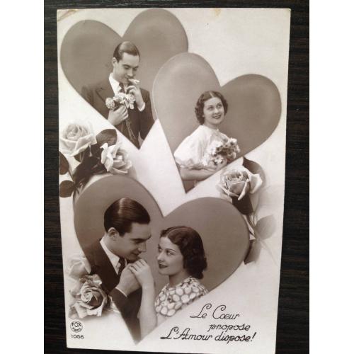 Французская фотооткрытка. Фотоколлаж с портретами в сердечках. 1940 г.
