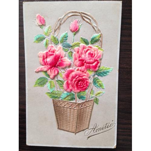 Французская открытка-аппликация. Розы в корзине.